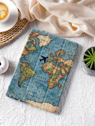 1个世界地图彩绘旅行飞机图案平板电脑保护套，兼容iPad (A16) 11英寸第11代（2025款）/第10代、10.2英寸、iPad Pro（2021/2020款）、Galaxy Tab A8 10.5英寸（2022款）、Matepad 10.4/Tab，防摔，带笔槽，支持睡眠/唤醒功能，适合送给孩子/家人，浪漫礼物