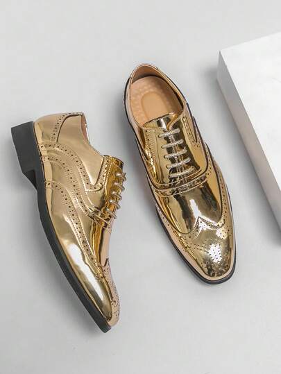 Gold Glossy Brogue Carved Leather Oxford Shoes, Geometric Pattern Casual Carved Leather Shoes, Suitable For Wedding, Party, Formal Occasions, Nightclub, All Seasons, Plus Size