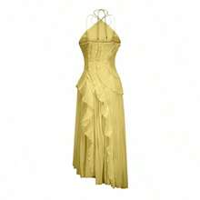 BB-2026 Hot Selling-Women Ruffle Hem Pleated Sheer Mesh Long Maxi Dress Sleeveless Halter Neck Irregular Tiered Flowy Long Maxi Dresses For Wedding Guest Summer Holiday Beachwear. - 象牙 - 查看 7