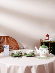 1 Juego de tetera, taza y platillo de cerámica con diseño floral y de vid, estilo minimalista y elegante. Juego de taza y platillo de cerámica de unicolor verde y azul, estilo nórdico y de lujo, simple. Adecuado para restaurante, cafetería, librería, hotel, hogar. Juego de taza y platillo de cerámica para café, té de flores y merienda. - Verde - Ver 2
