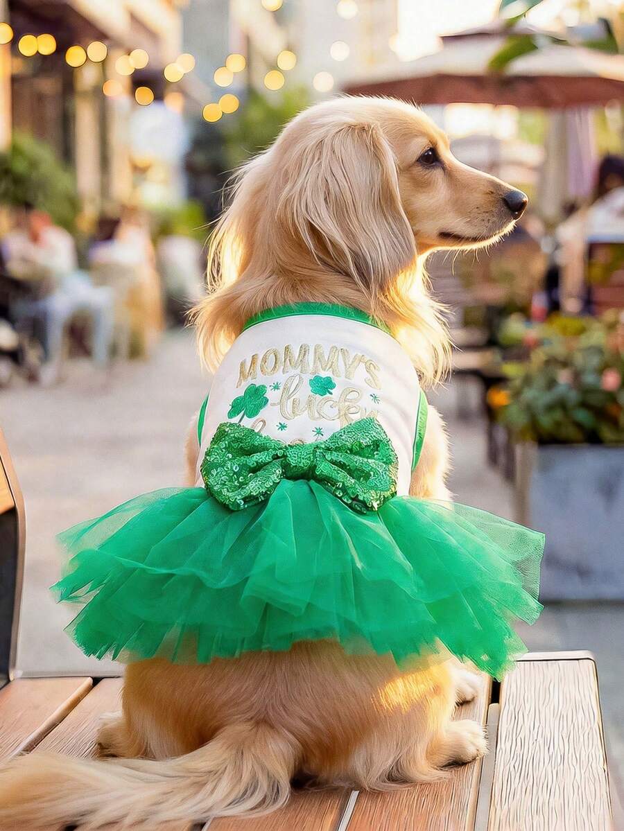 1件宠物服装，猫狗服装，小型犬和幼犬可爱浪漫系列套装，亮片蝴蝶结薄纱裙 - 彩色 - 查看 1