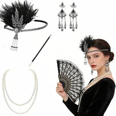 1920年代女士复古派对服装配饰套装，包括羽毛水钻发箍、流苏耳环、珍珠项链、烟嘴、蕾丝扇，适合化装舞会、舞台表演、角色扮演等场合。