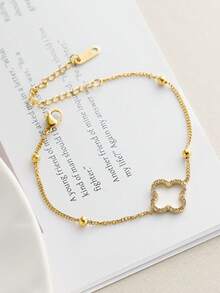 1pc Fashionable Niche Stainless Steel 18K Gold Four-Leaf Clover Micro-Inlaid Diamond Bracelet, Heart, Gourd, Butterfly 18K Gold Plated Chain Bracelet - Gold - View 2