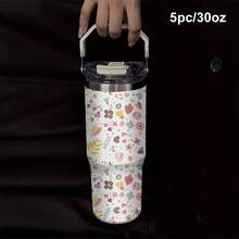 1pc/5pcs 30oz Stainless Steel Floral Insulated Tumbler, Suitable For Mother's Day, Easter, Valentine's Day, Theme Parties, Birthdays And Other Holidays. Floral Print Design, Keeps Drinks Hot/Cold, Fashionable Style. Multifunctional Cup For Daily Use! Ergonomic Handle Design, Anti-Drop , Easy To Clean. - Multicolor - View 2