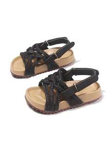 1 Pair Children's Retro Woven Flat Sandals, Non-Slip Versatile Hook And Loop Roman Kids Shoes, Comfortable Casual Girls Shoes - Black - View 1