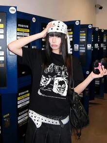 Street Fashion Retro American Portrait & Letter Print Short Sleeve T-Shirt For Women, Casual Summer, Black - Black - View 4