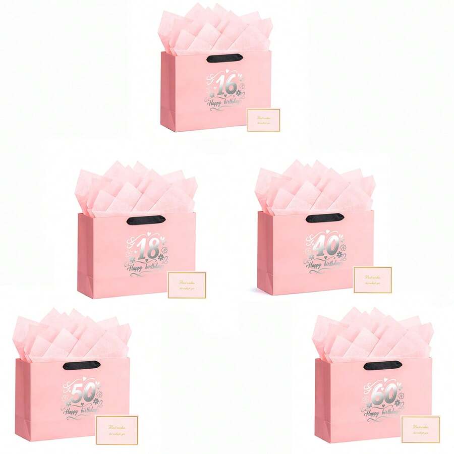 40岁生日礼品袋套装 - 优雅粉色纸袋，内含2张礼品包装纸和1张贺卡。可重复使用的生日快乐礼品袋，是女士周年纪念派对的理想回礼 - 时尚女士礼品包装。 - 40 - 查看 1