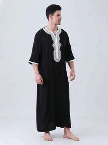 AL HARAMAIN Men's Black Moroccan Style Robe, Featuring Muslim Pattern Embroidered Pocket Decoration, 3/4 Sleeve, Suitable For Festival Formal Wear And Daily Traditional - Black - View 7