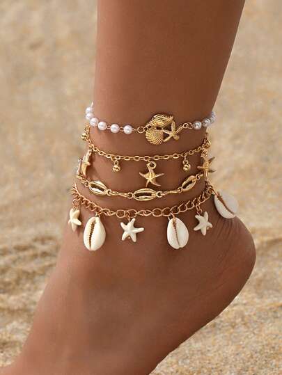 4pcs/Set Bohemian Island Style Turquoise, Starfish, Sea Turtle Pendant Anklet, Gold Starfish Tassel Anklet Set, Suitable For Women's Daily Wear, Beach, Party, Music Festival. Handmade Chains Can Be Trimmed To Desired Length.