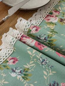 1pc Green Rose Print Rectangular Table Runner, Farmhouse Style, Washable, Beige Lace Trim Decor, Suitable For Coffee Table, Shoe Cabinet, Dining Room, Living Room, Parties, Picnics, Festivals, Indoor & Outdoor, Spring & Summer - Green - View 2