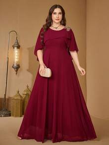 Plus Size Lace Hollow-Out Chiffon Bridesmaid Dress - Burgundy - View 3