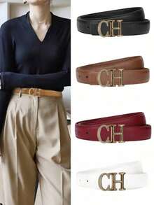 女士腰带，配CH字母和水钻合金扣，时尚百搭高品质真皮腰带 - 彩色 - 查看 7