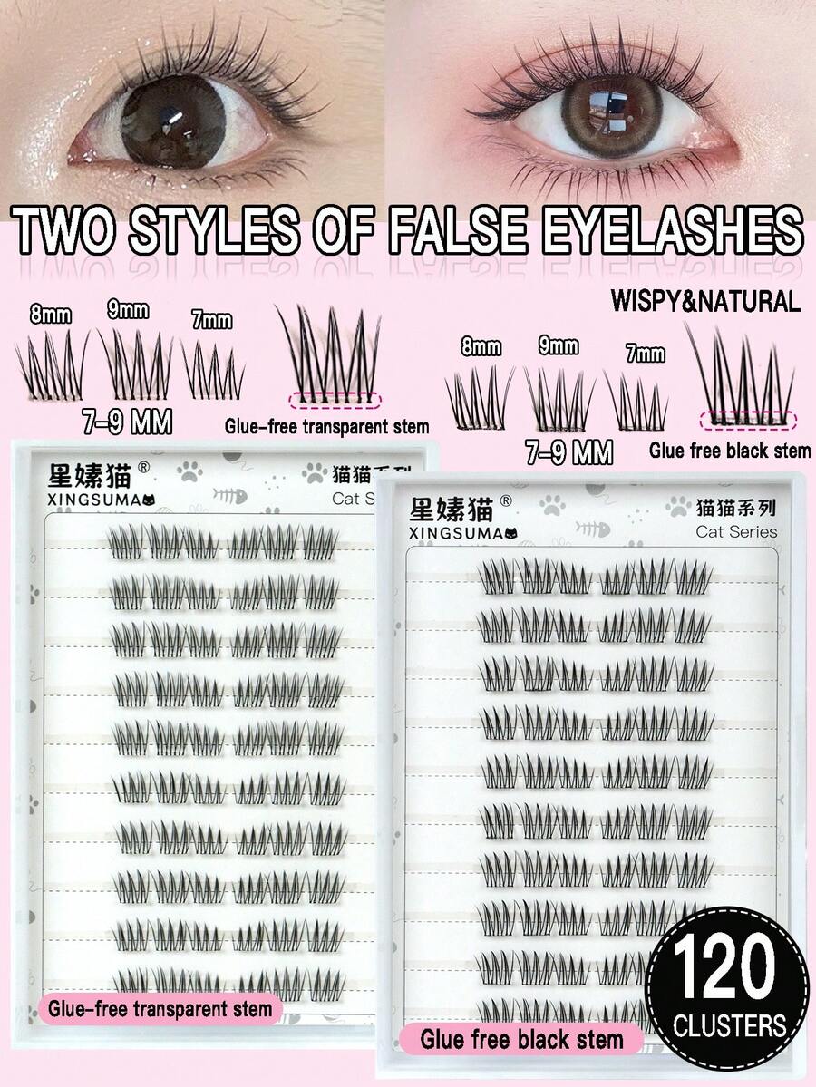 60pcs C-Curl Flare False Eyelashes, Korean Girl Group Style, 7-9mm, Invisible Transparent Band, Self-Adhesive, Press-On, Comfortable Fit, Built-In Eyeliner Effect, Reusable, Durable, Japanese Makeup Style, Thick & Natural, Lightweight & Fluttery, Gift For Women & Girls, Individual Lashes, Comfortable & Non-Irritating - 黑色 - 查看 1