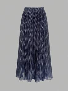 Women's Elegant Elastic Waist Navy Blue & White Polka Dot Pleated A-Line Skirt, Minimalist & Fashionable For Daily Commute Spring Vacation - Navy Blue - View 2