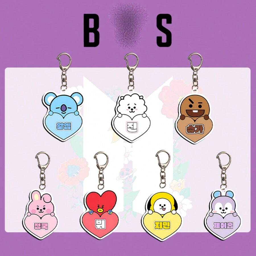 1件套BT21可爱心形亚克力钥匙扣，Koya RJ Shooky Cooky Tata Chimmy Mang包包挂饰，适合ARMY粉丝，耐用动漫周边，完美礼物 - 彩色 - 查看 1