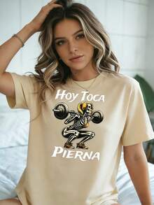 [Lunar Apex]Women's Casual Fitness Graphic-Shirt - Hoy Toca Pierna Skeleton Weightlifting Design, Black Short Sleeve Tee Spring/Summer, Comfortable And Stylish Activewear, Gym Shirts, Summer Fashion Top, Playful Design Top, Durable Print Shirt - 杏色 - 查看 5