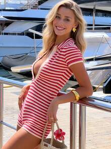 Bộ jumpsuit nữ tay ngắn kẻ sọc, cài cúc nửa thân, kiểu dáng thường ngày, thích hợp cho mùa xuân/hè. - Đỏ và trắng - Xem 1