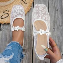 Bow-Tie Square Toe Women's Flat Shoes, Knitted Casual Shoes, Plus Size Casual Ballet Shoes, Comfortable Ballet Shoes For Summer, Slip-On Loafers For Mothers, Casual Versatile Women's Shoes, Bohemian Style Yellow, Black, White, Beige, Light Blue, Leopard Print Lace Flat Shoes, European And American Plus Size Summer Casual Outdoor Walking Shoes, Slouchy Shoes, Hollow Bowknot Women's Shoes, Elegant White Flat Shoes, Floral - B01 White - View 7