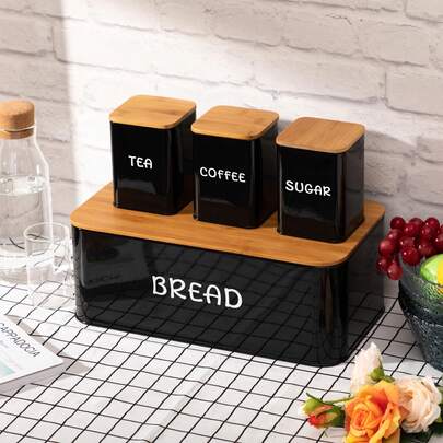 Bread Box With 3pcs Jars Coffee Sugar Tea For Kitchen Countertop White Metal Bread Box With Bamboo Board Cover Pastry Storage Container Set Large Capacity Keeper Vintage Farmhouse Food Organizer Pantry Shelf