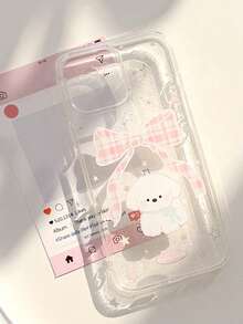 Cute Puppy Transparent Glitter Plaid Blue Bow Dog Protective Case, Anti-Drop Full Coverage Phone Case, Suitable For IPhone11/12/13/14/15/16/17/PROMAX - Pink - View 5