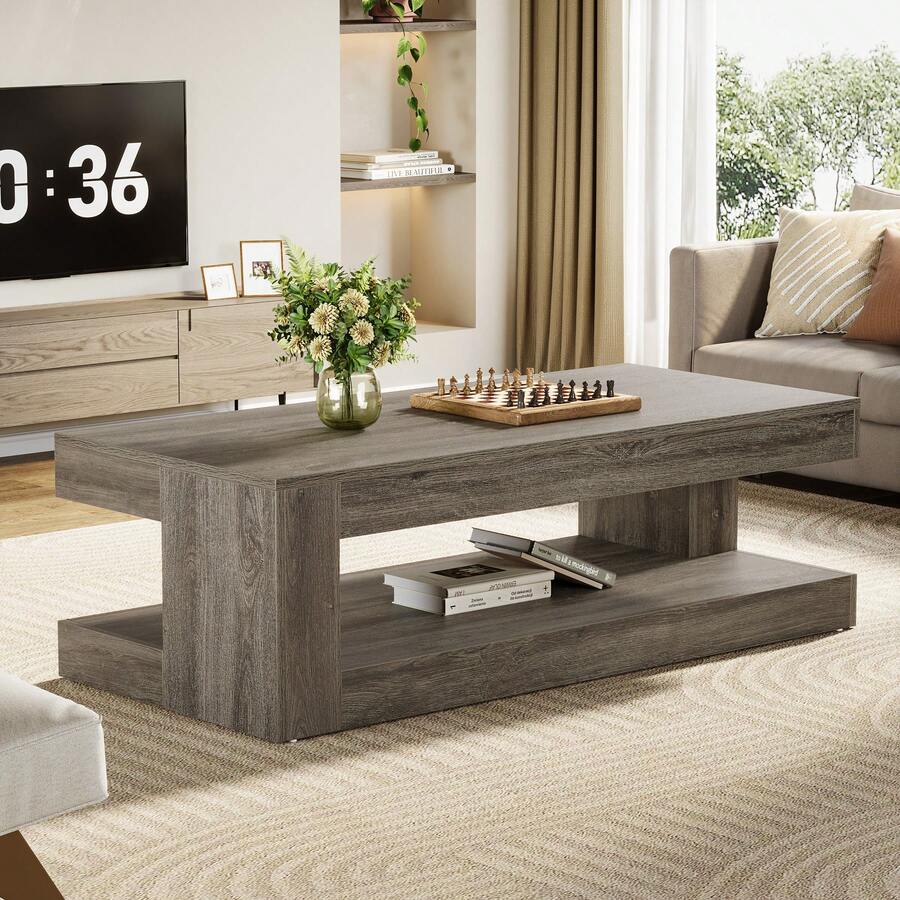LITTLE TREE Coffee Table For Living Room, 47.24-Inch Farmhouse 2-Tier Center Table With Storage, Rectangular Cocktail Table (Elegant Grey) - Grey - View 1