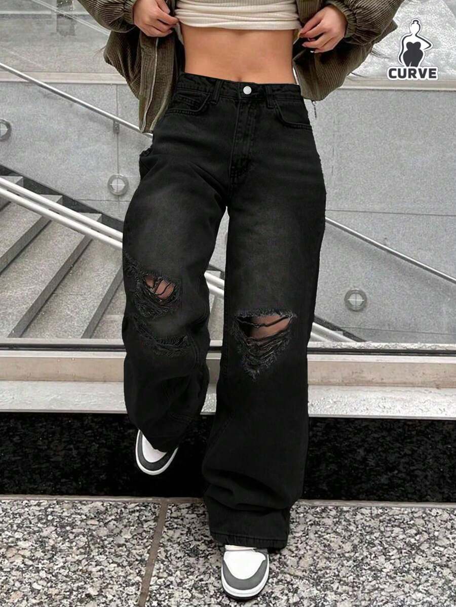 女士休闲宽松直筒破洞叠层牛仔裤 - 黑色 - 查看 1