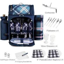 ALLCAMP Cesta de picnic para 4 personas con 2 compartimentos aislados soporte desmontable para botellas/vino manta de forro polar platos y cubiertos para reuniones familiares parejas y amigos - Azul - Ver 3