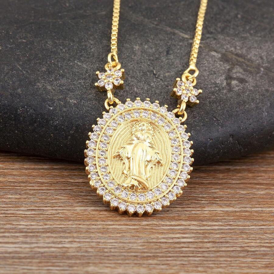 High Quality 18K Gold Plated Oval Shape Virgin Mary Pendant Necklace For Women Shiny Crystal Zirconia Charm Jewelry Everyday Party Gifts - Gold - View 1