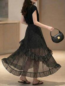 EARO Flowy Polka Dot Print Maxi Dress, Women's Chiffon Fabric, Elastic Waist, Casual Summer Long Dress, Non-Stretch, Fashion Versatile Elegant - Black - View 3