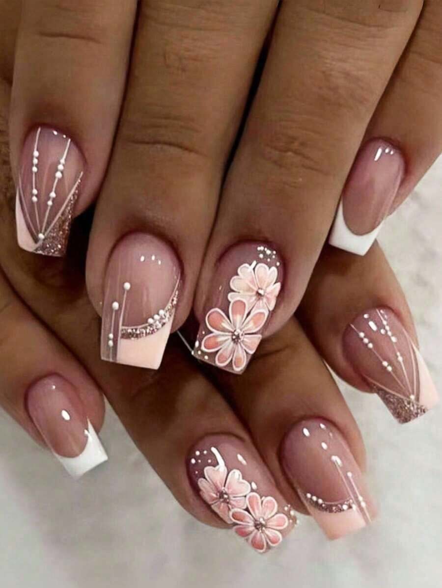 24Pcs Medium Square French Fake Nails, High-End White & Orange Ombre Floral Design Nail Art Stickers, Suitable For Party, Ball, And Daily Wear Press On Nails Nail Supplies Nails - Nhiều màu - Xem 1