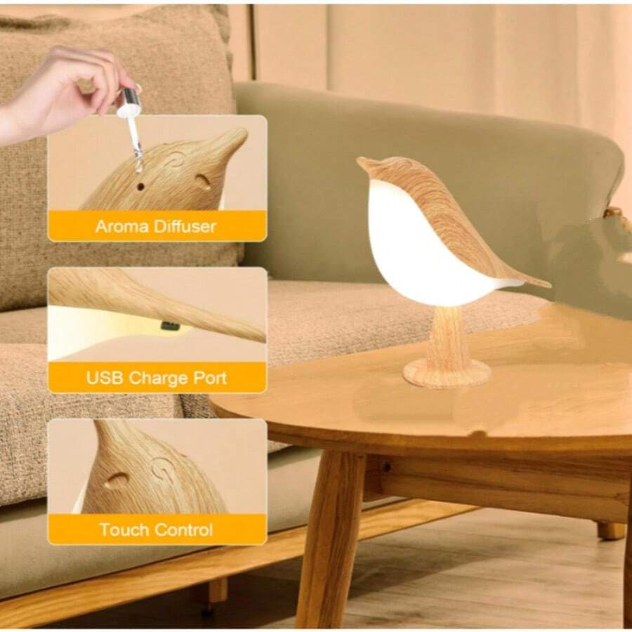 触控式木质小鸟夜灯，带香薰功能，USB充电式LED床头灯，适用于卧室、儿童房 - 多色光 - 查看 1