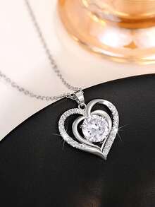1pc Women's Romantic Cubic Zirconia Heart Pendant Necklace Valentine's Day Gift Wedding Jewelry - Silver - View 6