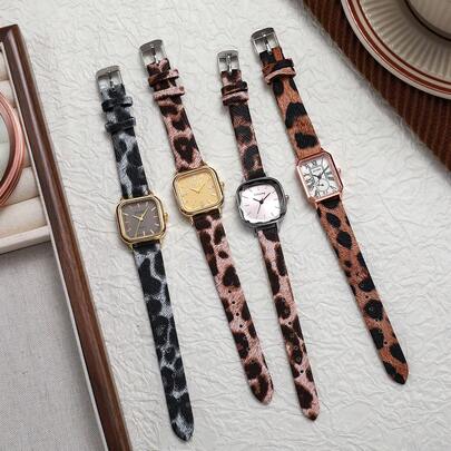 1件/套复古豹纹皮带腕表，小众水钻方形表盘圆柱形石英表，优雅通勤约会女士腕表
