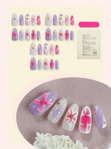 10pcs Ombre Almond Shaped Nail Stickers, 3D Flower & Butterfly Decor, Wavy Line Art Design, Rhinestone Embellished, Glossy Finish, Full Coverage False Nails, Suitable For Women & Girls Daily Wear Nail Supplies - 多色 6 - 查看 3