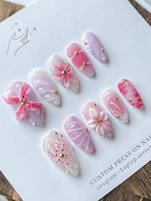 10pcs Ombre Almond Shaped Nail Stickers, 3D Flower & Butterfly Decor, Wavy Line Art Design, Rhinestone Embellished, Glossy Finish, Full Coverage False Nails, Suitable For Women & Girls Daily Wear Nail Supplies - 多色 6 - 查看 13