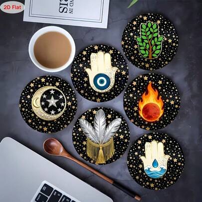 6个异域风情木质杯垫，异域月相图案，圆形吸水杯垫，适合居家使用、家庭聚会、咖啡馆、办公室等各种场合，家居装饰，新年礼物