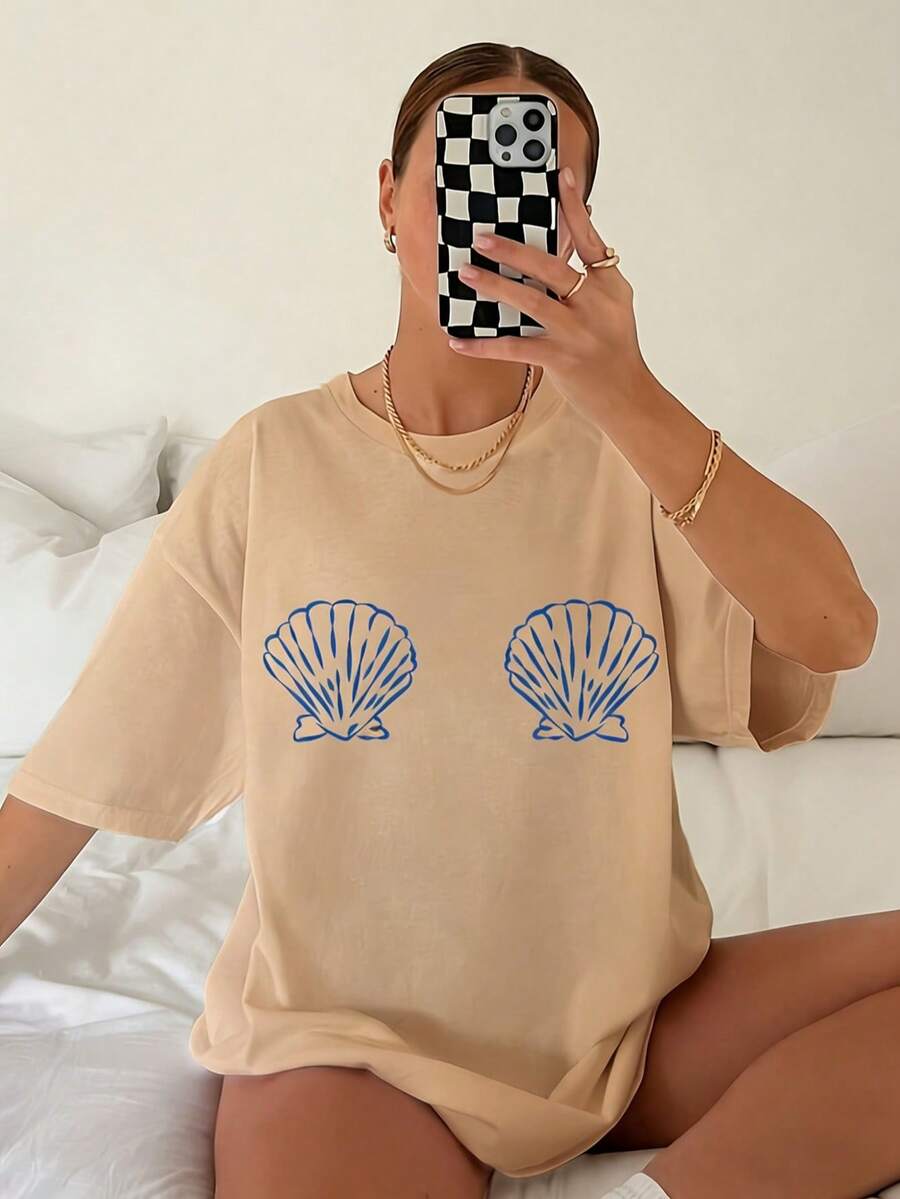 Women's Tropical Shell Print Casual T-Shirt - High Elasticity Round Neck Short Sleeve Top, Machine Washable White Blue Summer Beachwear, All-Season Comfortable Fit, Breathable Fabric, Simple Design, Tops For Women, Vacation Outfits For Women - 杏色 - 查看 1