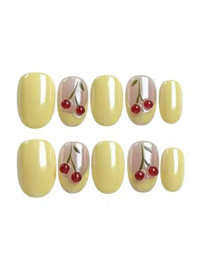 10pcs It's Named Cherry Yellow Honey Narrative. This Manicure Features A Soft, Milky Yellow Base, Like Melted Butter, With Delicate 3D Cherry Motifs Embedded In Translucent Sections. The Glossy Finish Catches Light Like Honey, Creating A Fresh, Sweet Vibe That's Both Playful And Elegant.