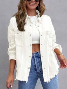 Women's Single-Breasted Frayed Hem Casual Versatile Daily Wear Long Sleeve Denim Jacket Spring - White - View 6