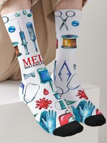 1-Pack 360-Print Nurses' Day Themed Socks – All-Season Unisex Novelty Socks, Fashionable Streetwear Style Crew Socks - Multicolor - View 24