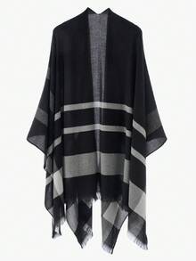 1 chiếc áo choàng nữ màu trơn giả cashmere có tua rua, cổ áo choàng rộng rãi, ấm áp, thích hợp đi biển, đi nghỉ mát. - màu xám đen - Xem 3
