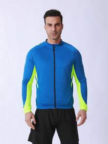 Men's Spring/Autumn Outdoor Cycling Jacket, Stand Collar, Contrast Color, Reflective Stripes, 4 Pockets On Back, Sports Windbreaker - View 2