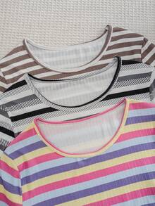 3件套女士条纹长袖T恤睡衣上衣，休闲舒适 - 彩色 - 查看 3