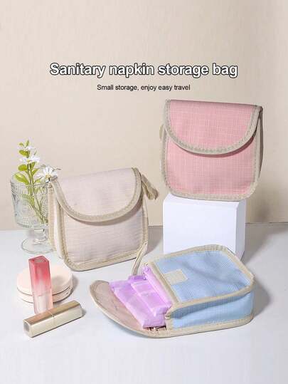 1PC Solid Color Simple Sanitary Napkin Storage Bag Large Capacity Aunt Towel Sanitary Napkin Storage Bag Travel Portable Monthly Bag, Multipurpose Small Storage Bag-Lightweight Fabric Storage Bag For Personal Care Products, Cosmetics, Gadgets And Parts-Soft Tone Travel Bag With Zipper (Summer Essential Products)
