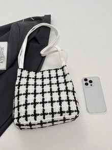 Fashionable Woven Plaid Shoulder Bag, Commuter Bag, Niche Underarm Bag - White - View 6