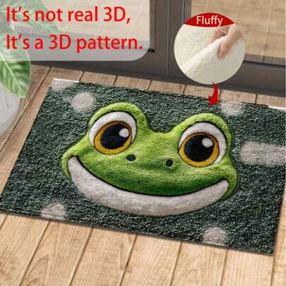 青蛙图案毛绒柔软浴室垫 - 可水洗、速干吸水垫、短绒、长方形、绿色底黄色眼睛白色微笑图案、聚酯纤维材质，是浴室或厨房装饰的理想之选。浴室垫 | 可爱设计 | 速干垫