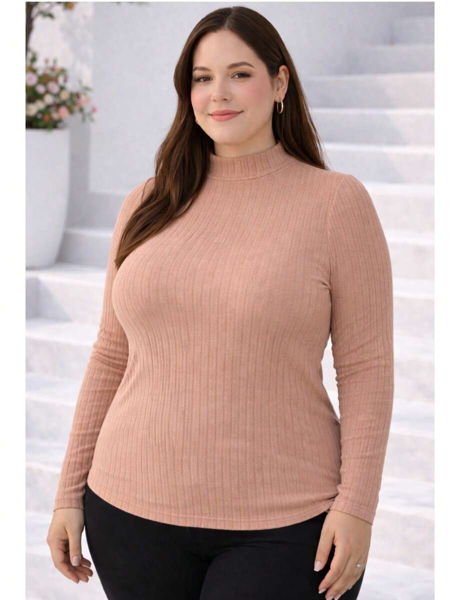 Women's Plus Size Long Sleeve Blouse With Medium High Ribbed Neck, Premium Comfortable Viscose - Marrón Mocha - Ver 1