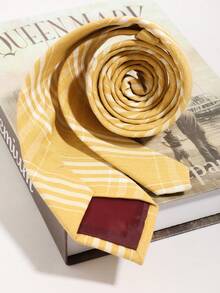 1pc Mustard Yellow Comfortable Synthetic Cotton Casual Handwoven Plaid Striped Necktie - Multicolor - View 4