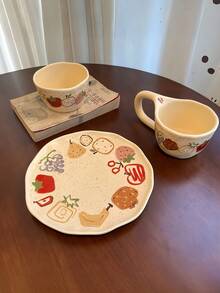 1pc Hand-Painted Graffiti Fruit Ceramic Coffee Cup & Saucer, Milk Mug, Rice Bowl, High-Quality Dessert Plate, Gift - Multicolor - View 6