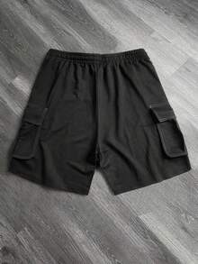 HEYKESON Men's Black Cargo Shorts With Contrast Stitching, Multiple Pockets, Drawstring Waist, Casual Street Style - Black - View 5